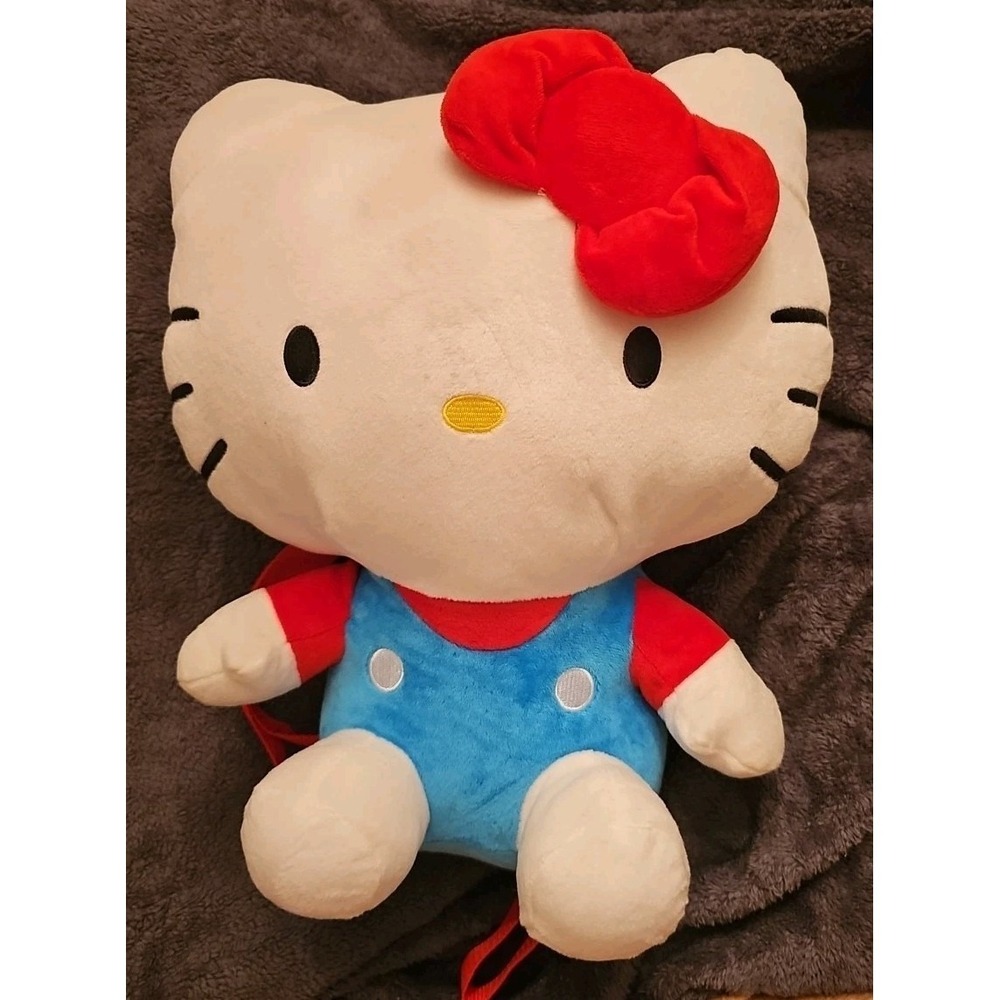 Hello Kitty Red Bow 15" Plush Red & Blue Backpack NWT W/Small Zippered Pocket